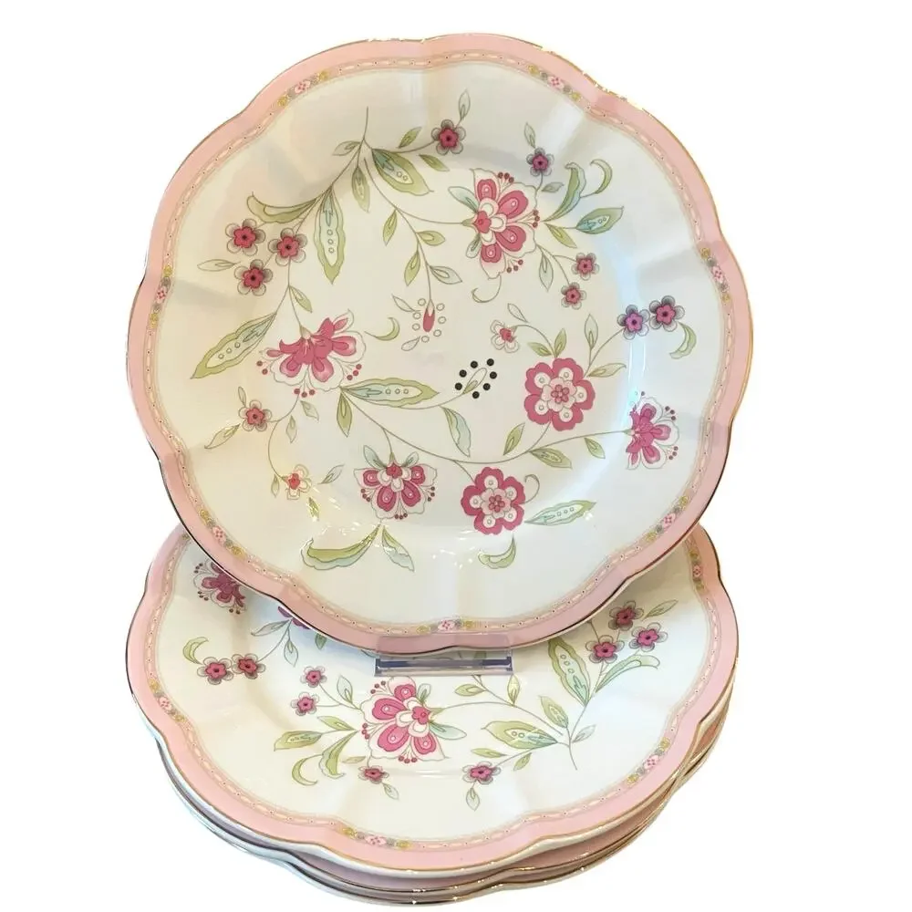 Grace Teaware Pink Corn Flowers with Gold Trim 10.5” Dinner Plates Set of 4 New